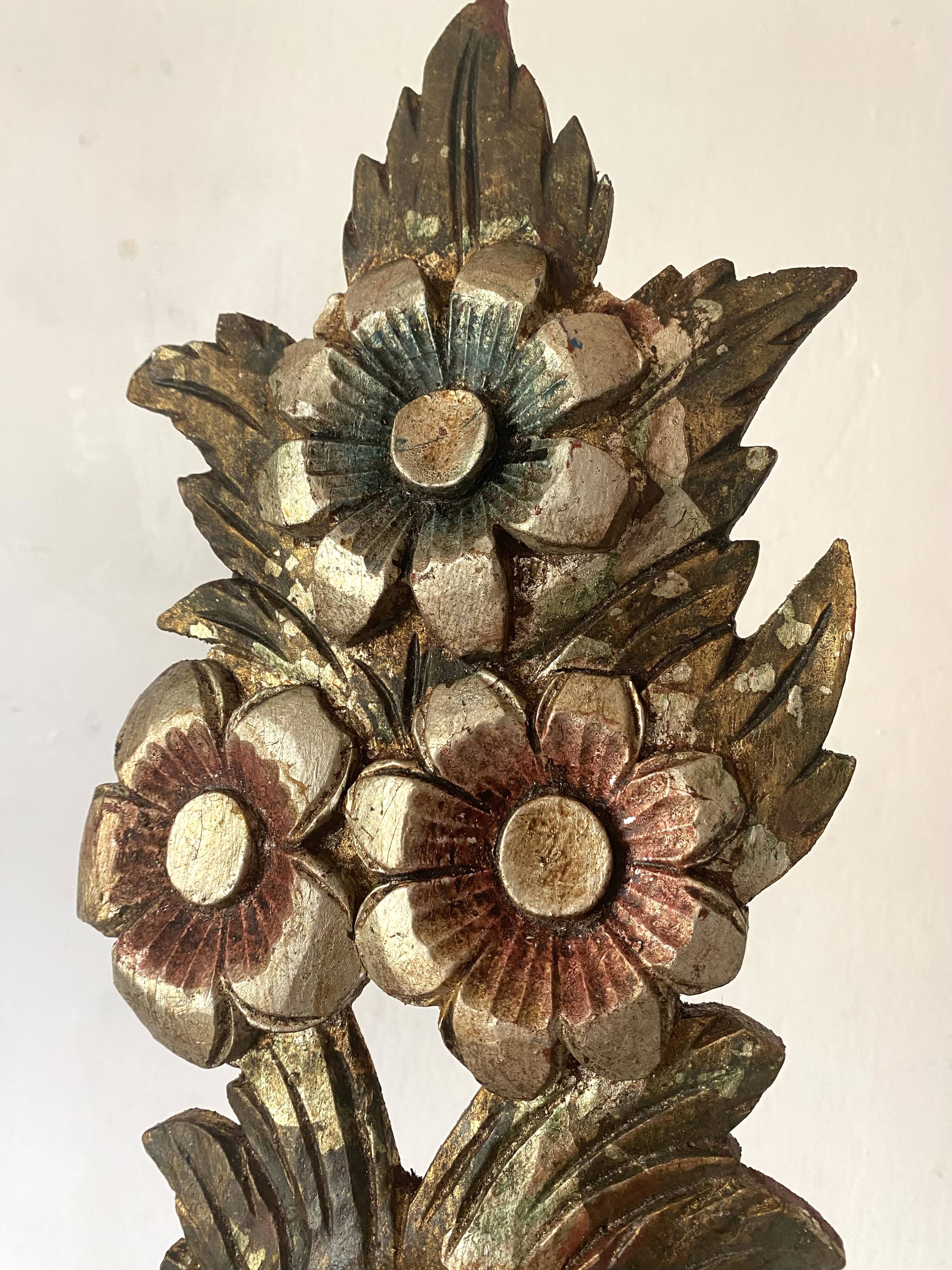 Decorative carved wooden ornament bouquet flowers and ribbon