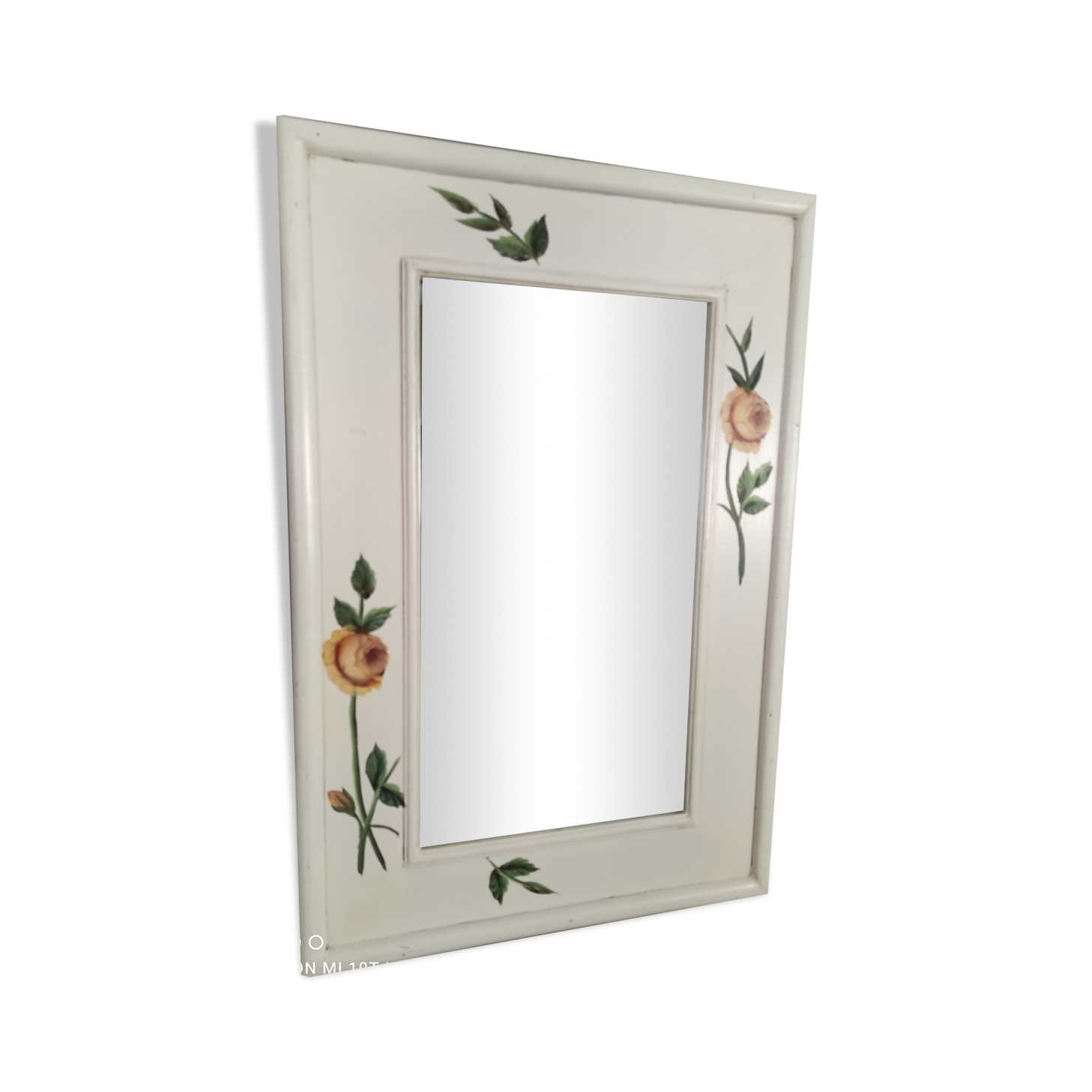 Vintage rectangular mirror in painted wood cream decoration yellow pinks