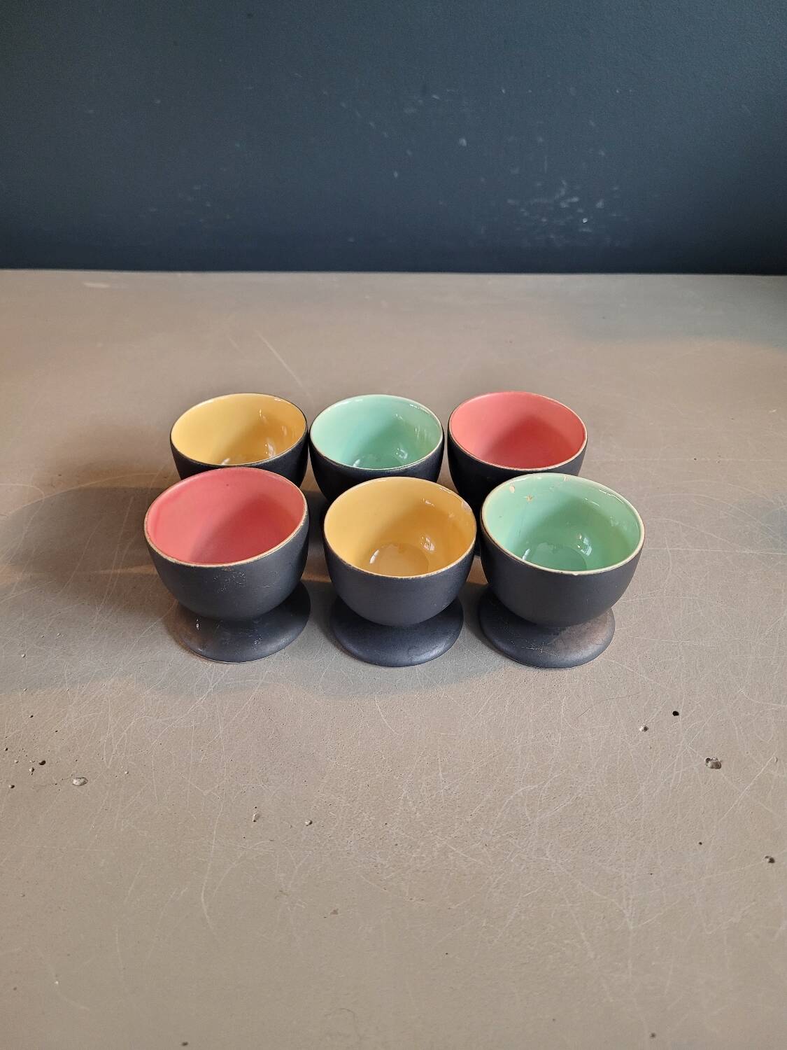 Set of 6 black and colored ceramic egg cups