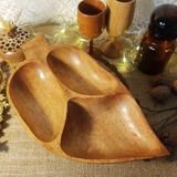 Wooden aperitif tray, leaf-shaped / empty vintage pocket