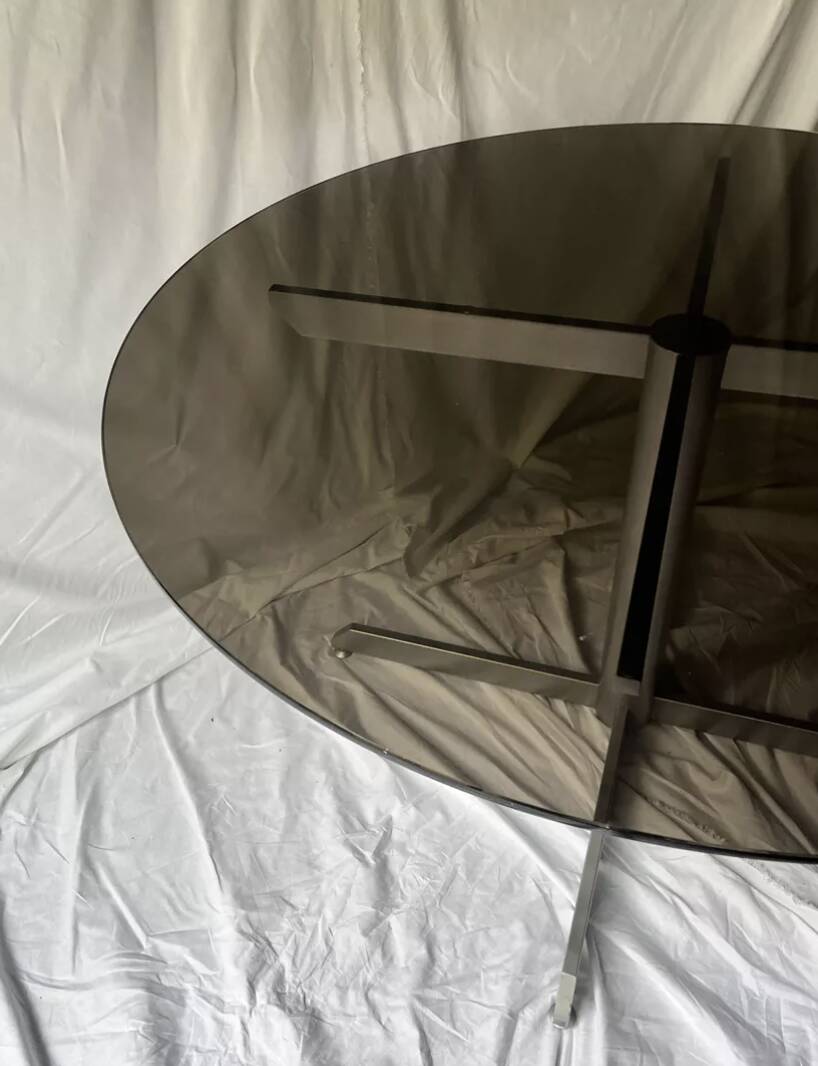 Round designer dining table in metal and smoked glass, Roche Bobois 1970