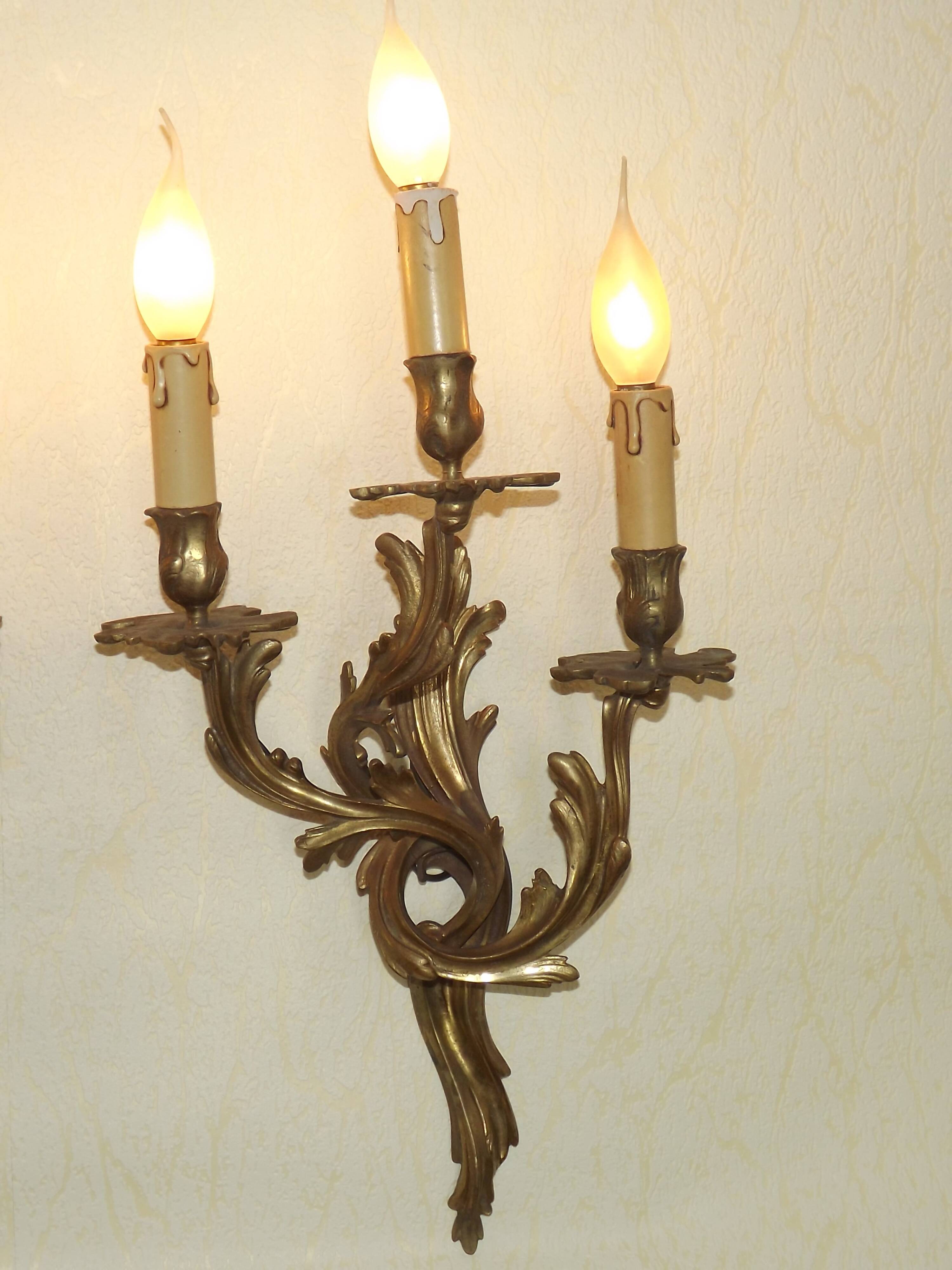 Very large pair of early 1900s 3-light acanthus leaf wall sconces 5209