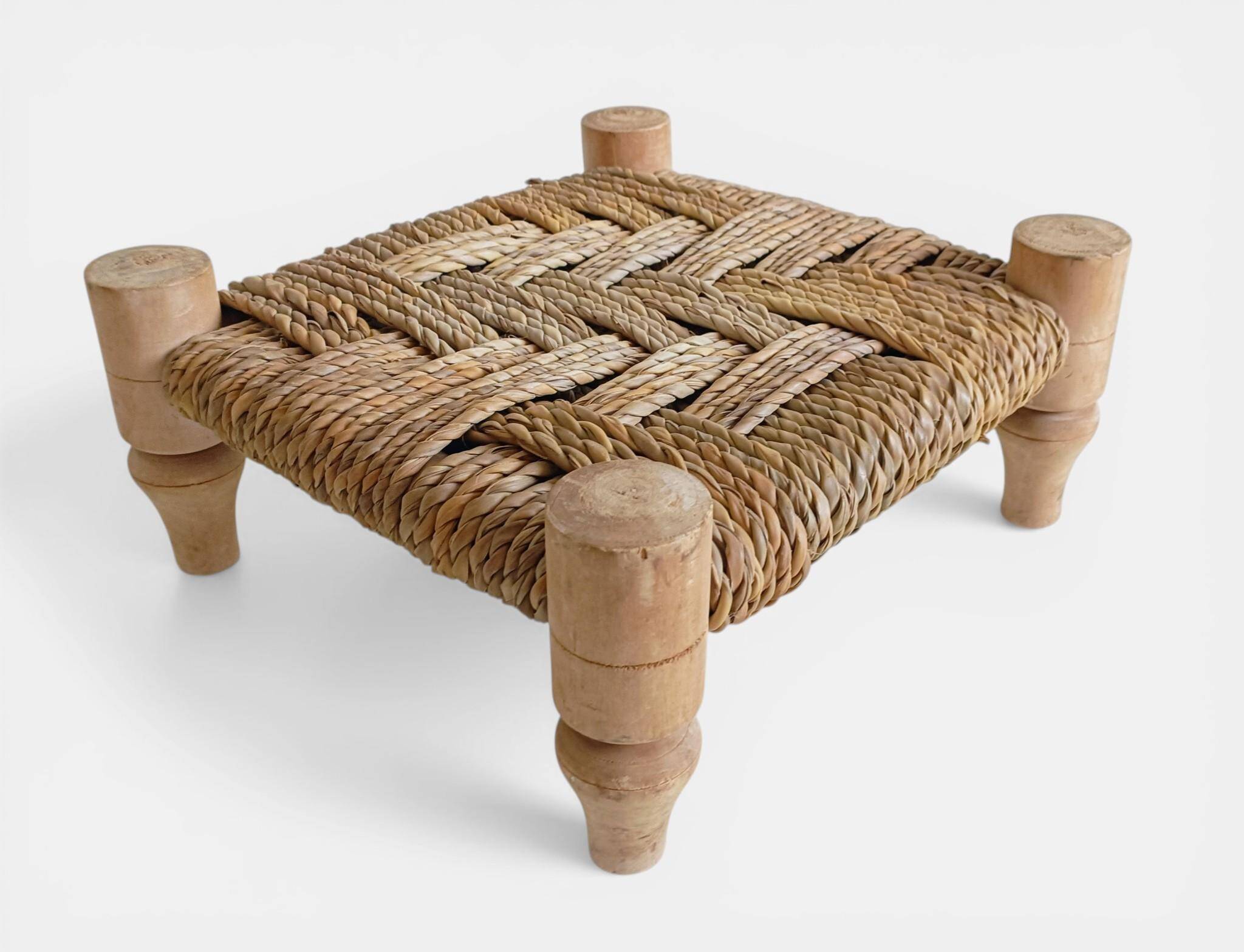 Organic Modern Turned Wood and Rope Footstool in the Style of Charlotte Perriand