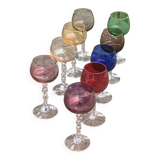 Set of 9 colored port glasses, 5 tulip-shaped and 4 balloons