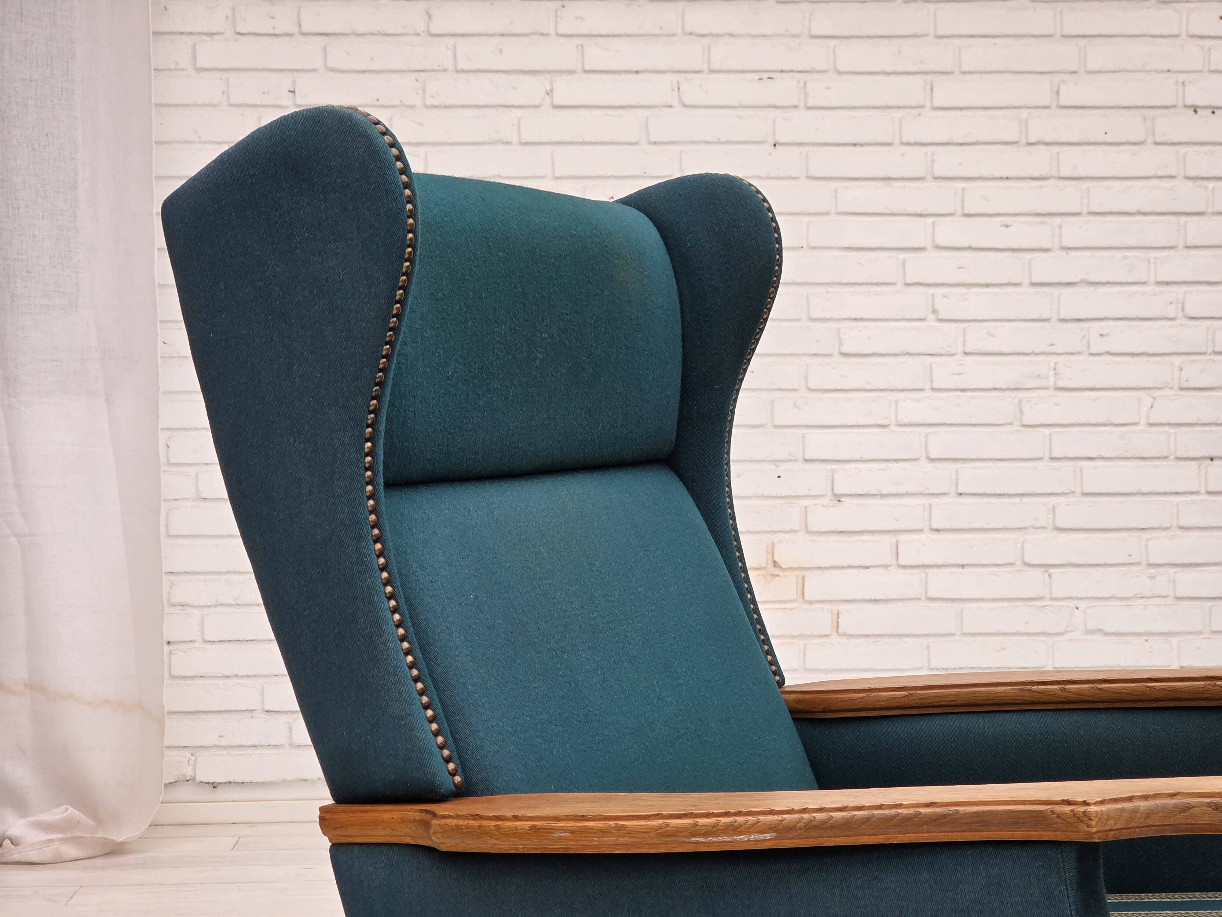 1970s, Danish highback armchair, furniture wool, solid oak wood.