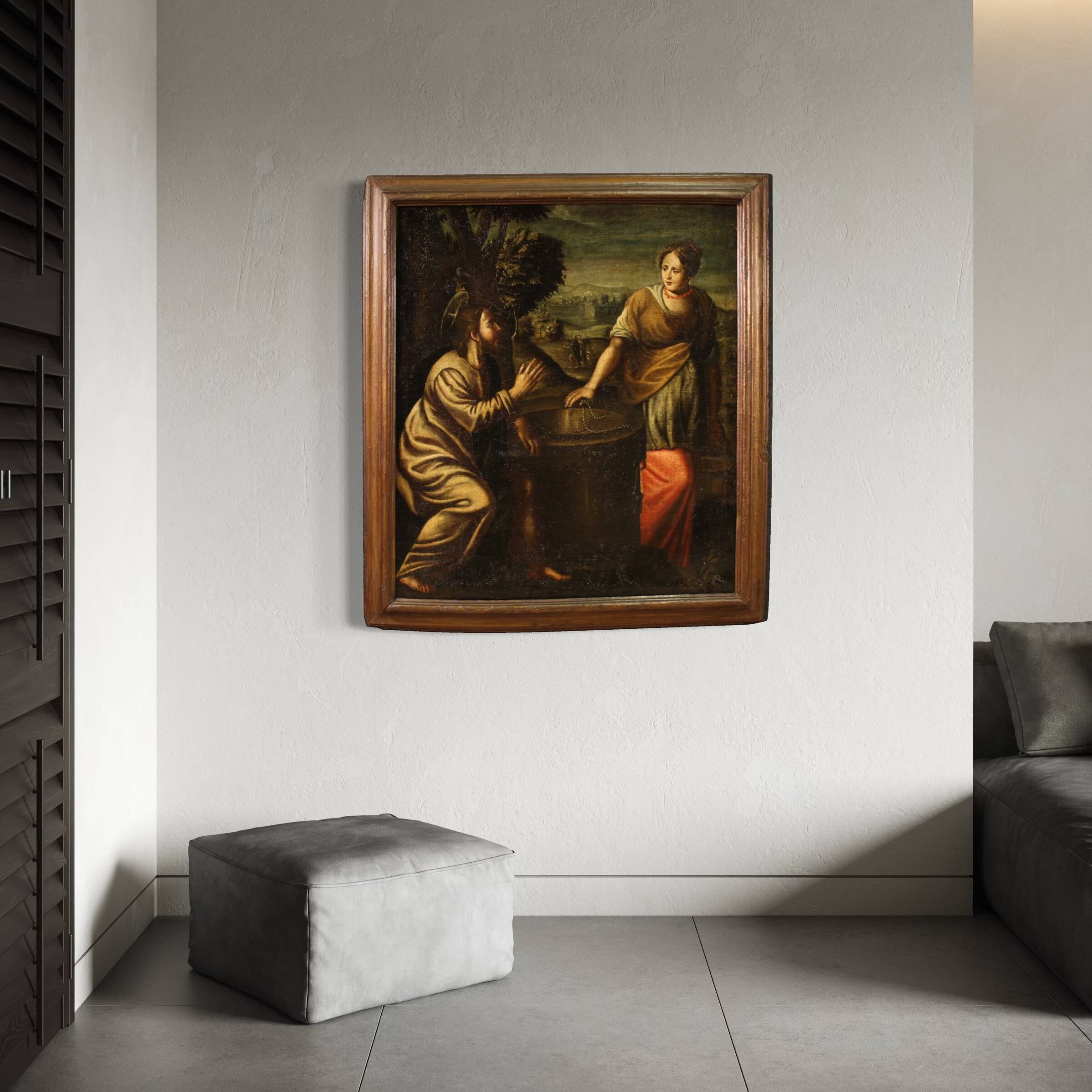 Peinture italienne antique Le Christ et la Samaritaine au puits