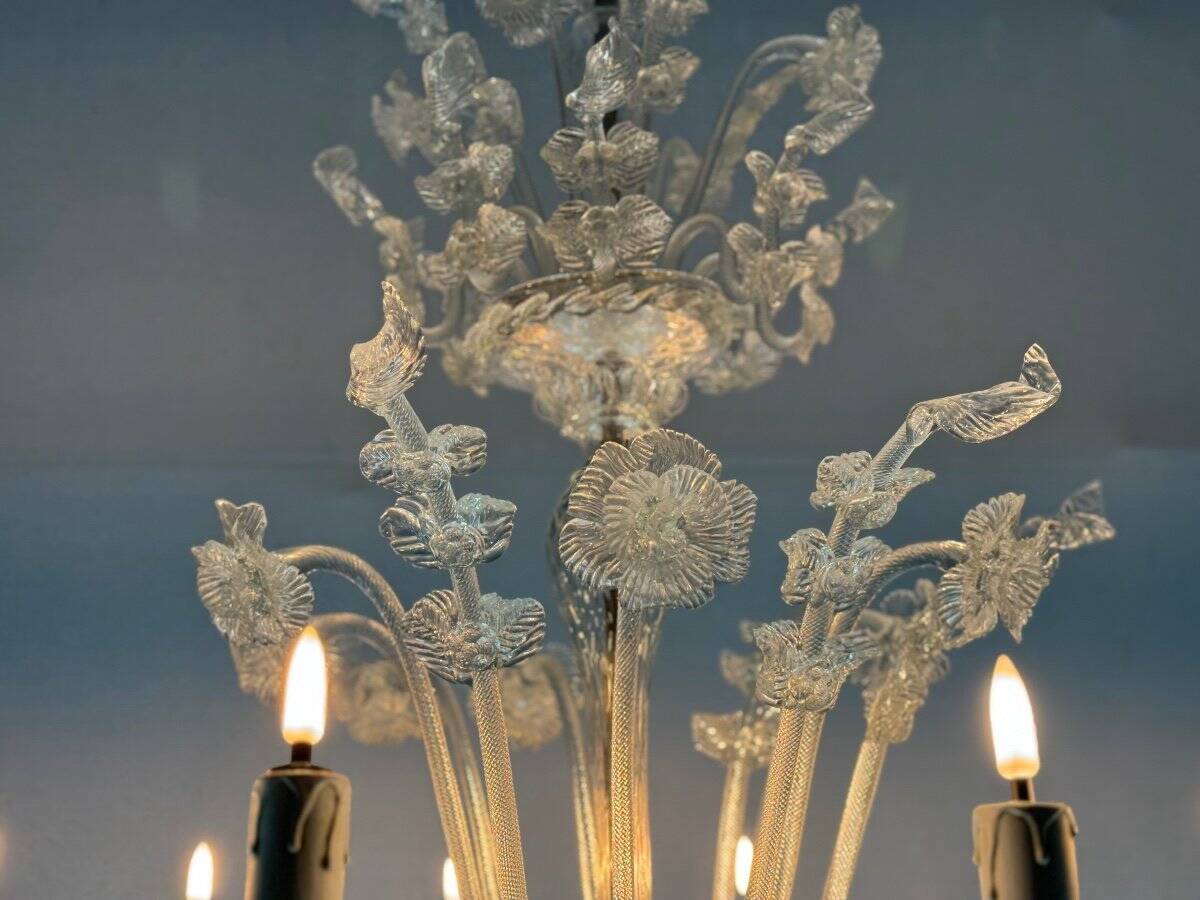 Venetian Chandelier in Colorless Murano Glass, 12 Light Arms, Circa 1900
