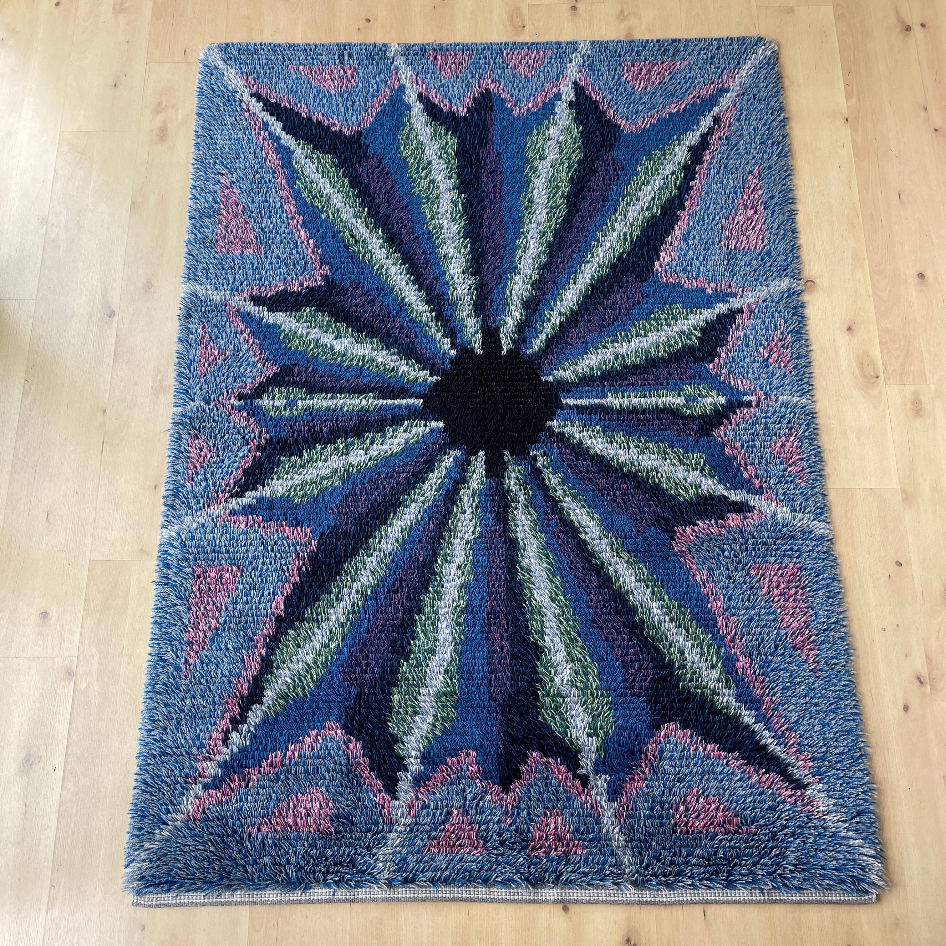 Original ABSTRACT Scandinavian High Pile Pop Art Rya Rug Carpet, Sweden, 1960s 146x201cm