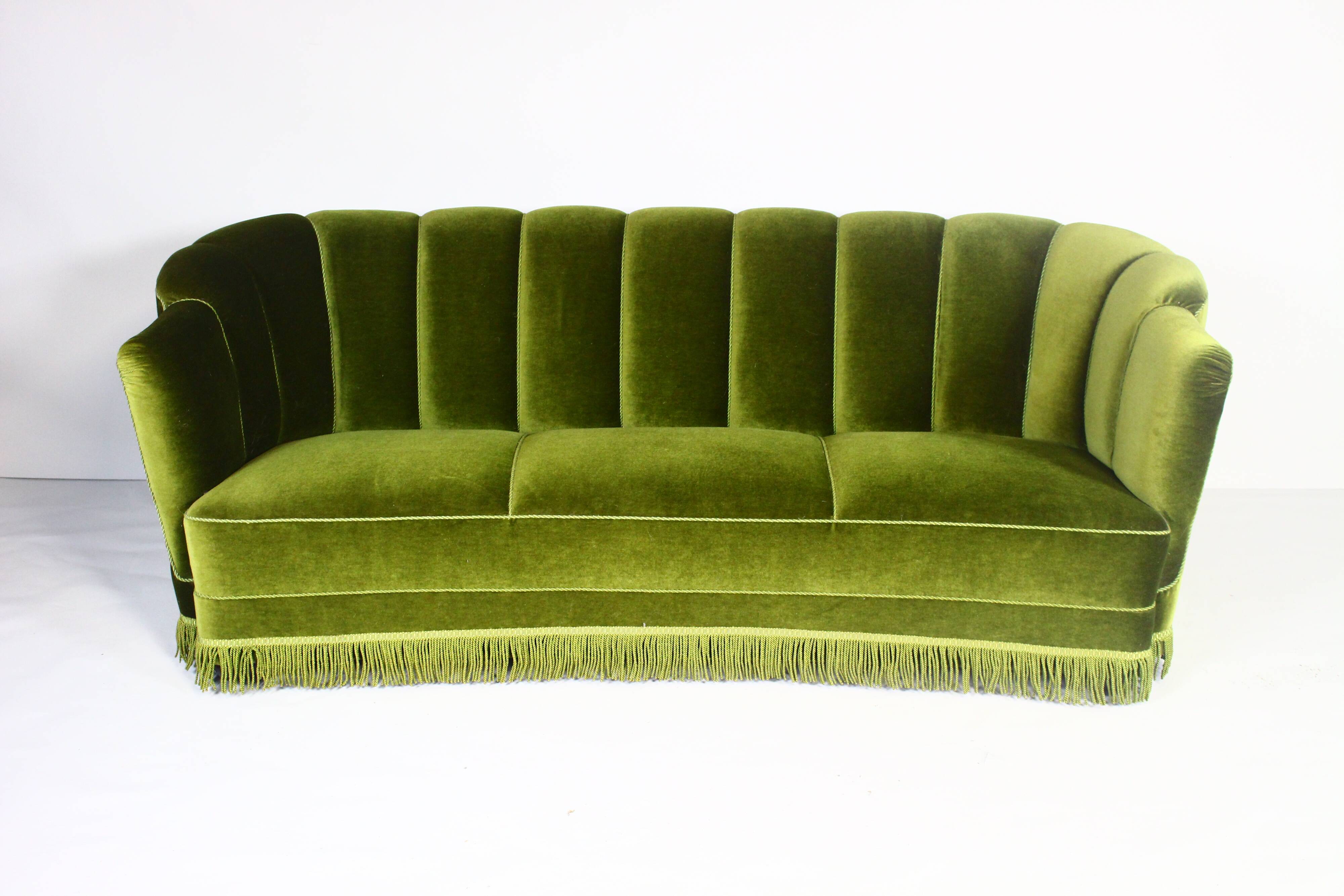 1940s art deco green velvet banana sofa, Denmark
