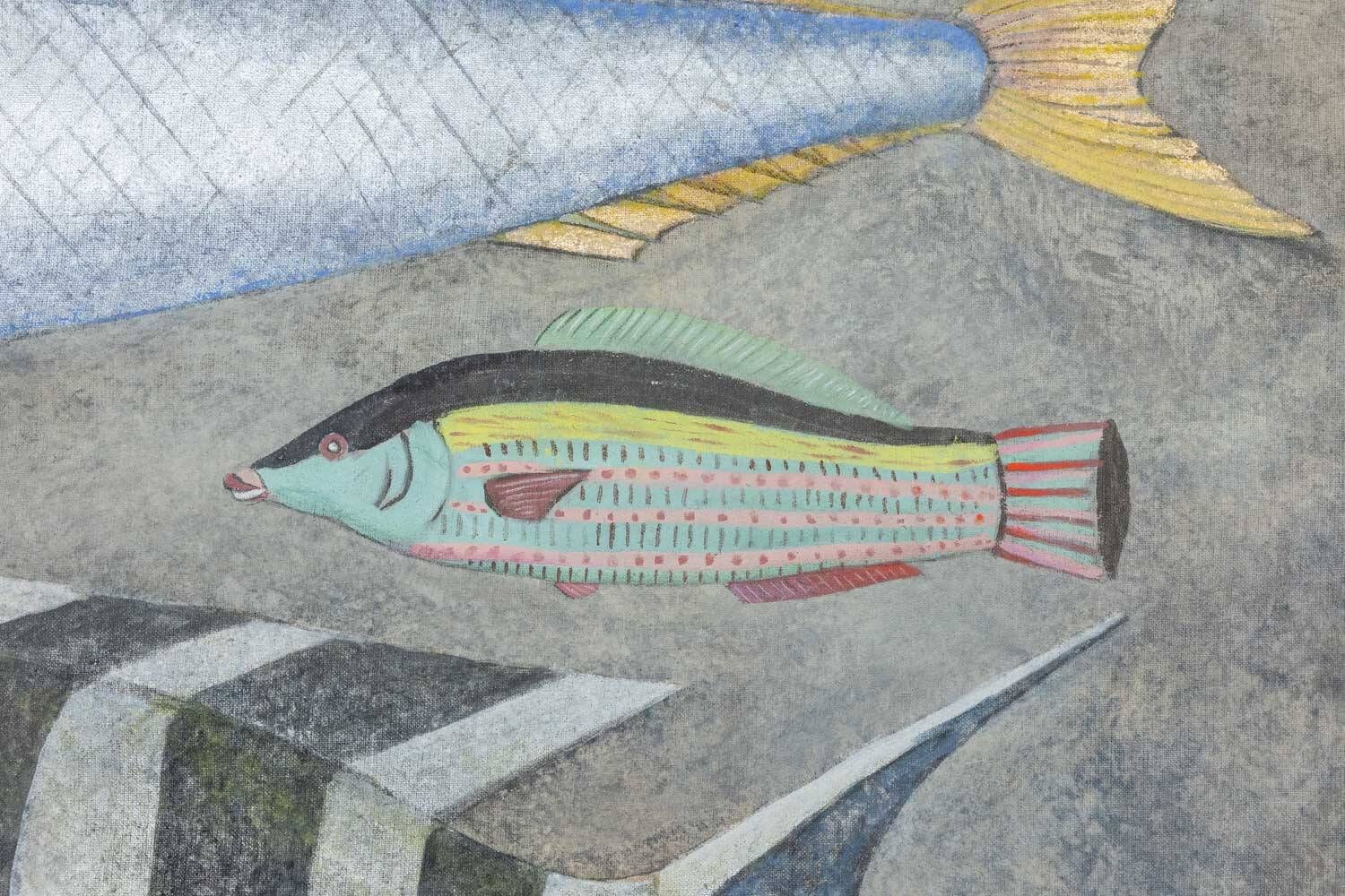 Painted canvas representing a board of fish. Contemporary work.