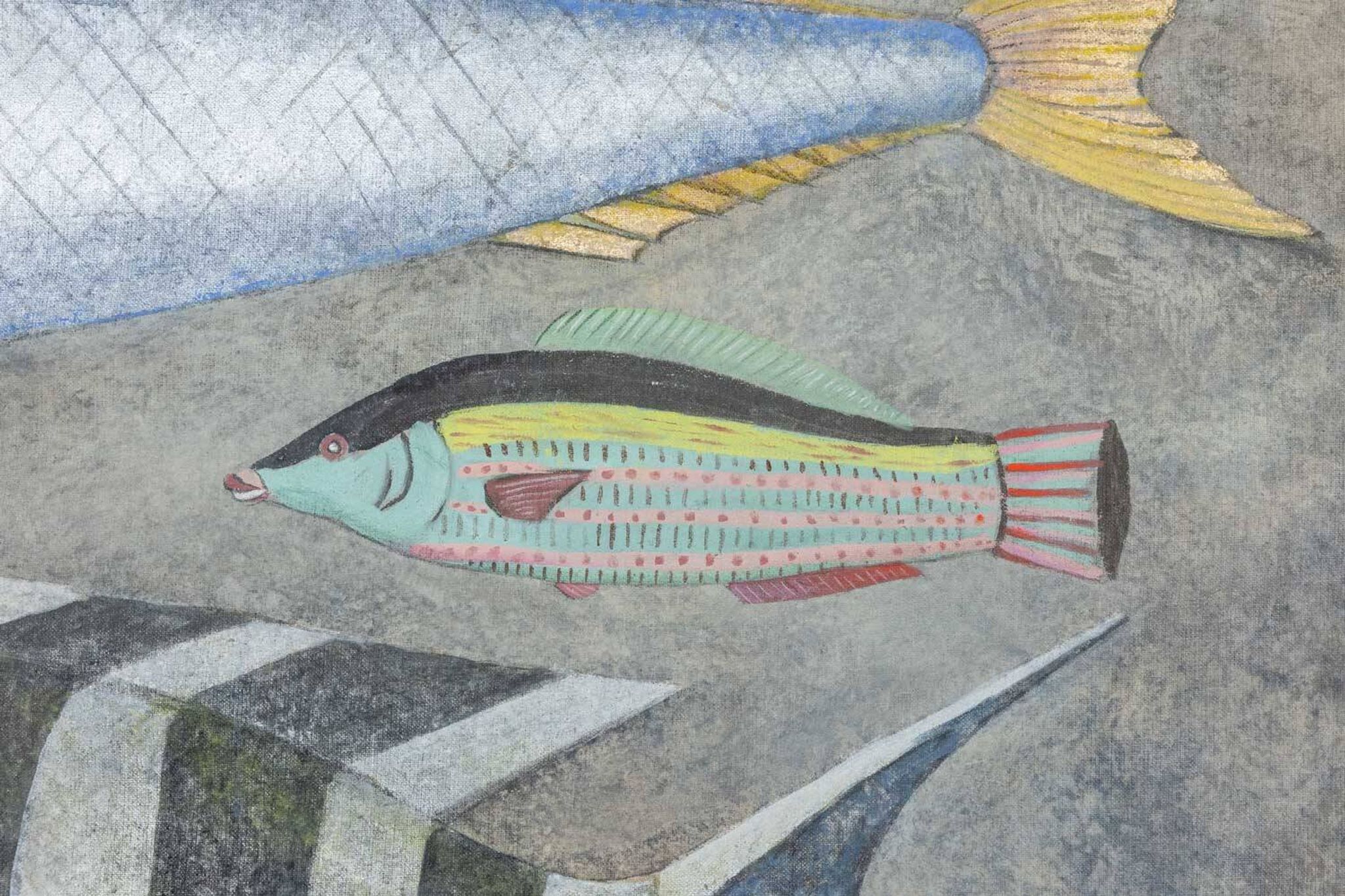 Painted canvas representing a board of fish. Contemporary work.