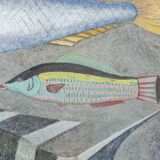 Painted canvas representing a board of fish. Contemporary work.