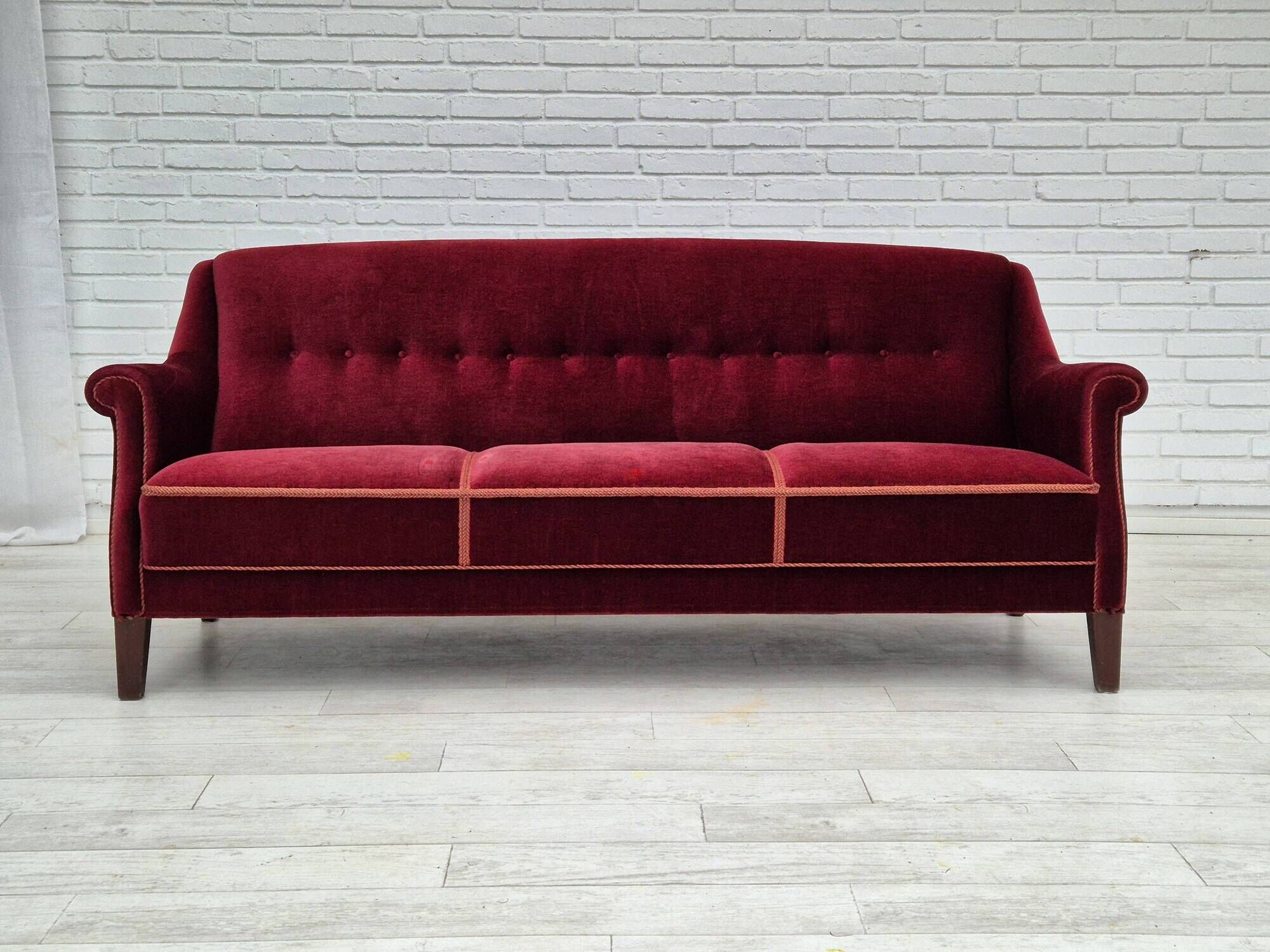 1960s, Danish 3 seater sofa, original good condition, furniture velour, beech wood .