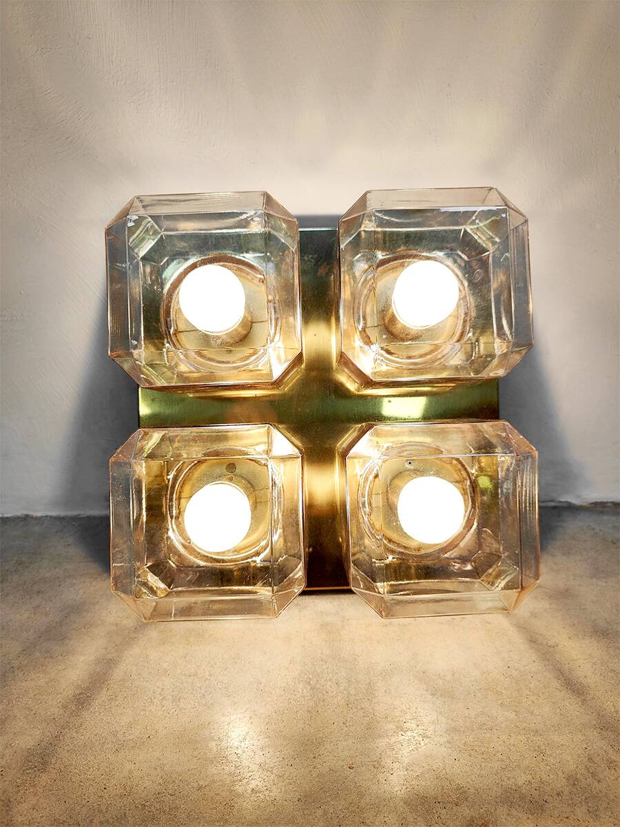 Vintage brass square flush mounts glass ceiling lamp Glashütte Limburg