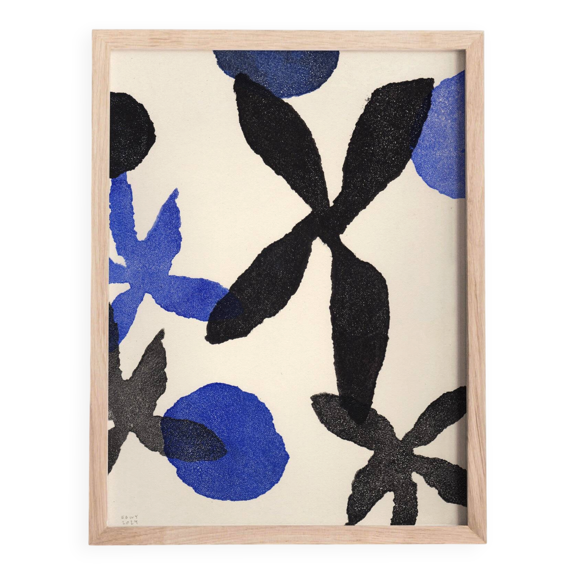 Painting on paper 30x40cm illustration of blue and black flowers signed eawy