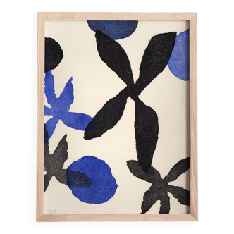 Painting on paper 30x40cm illustration of blue and black flowers signed eawy