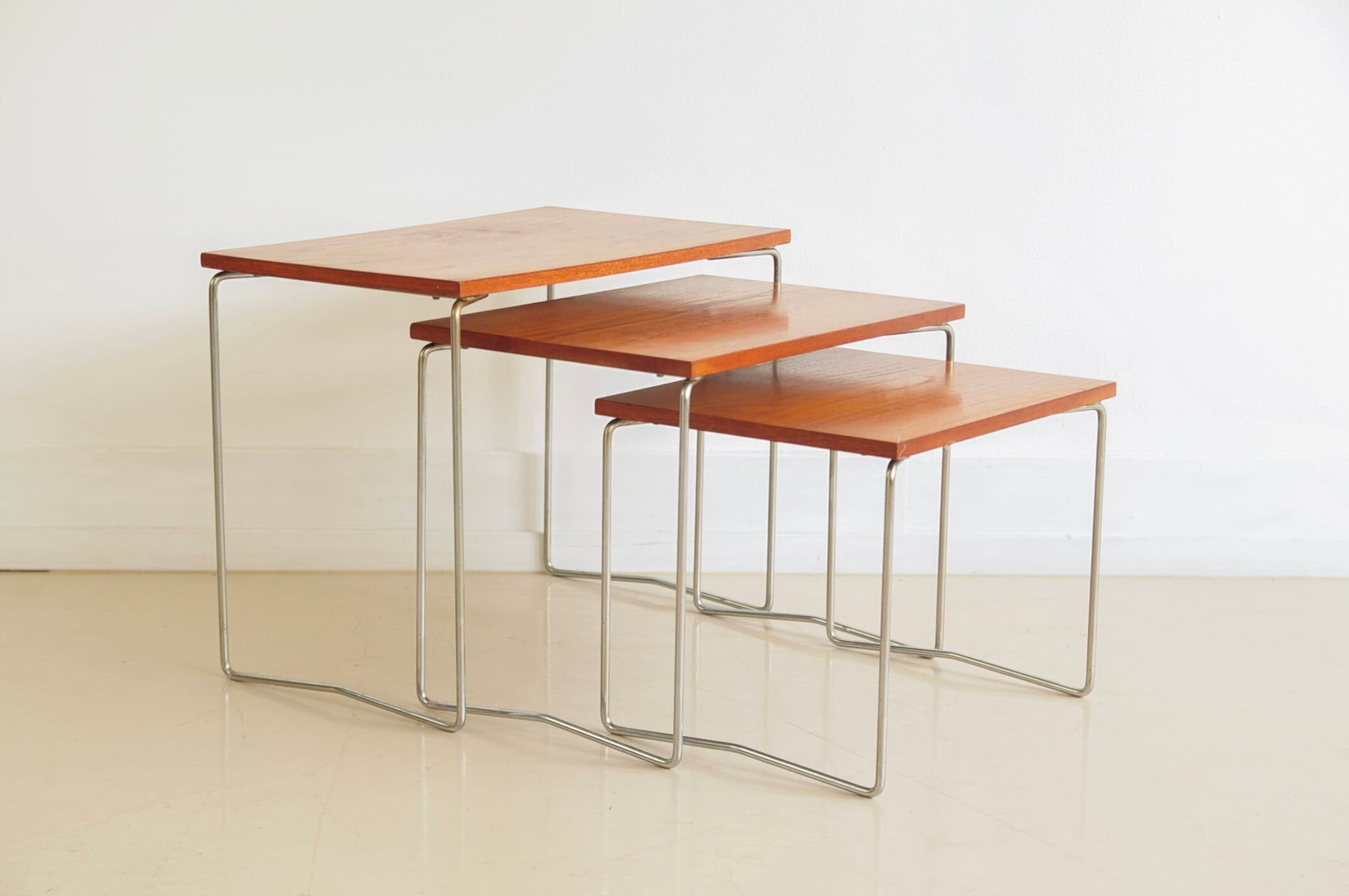 Wooden & chrome nest of tables x3 Brabantia