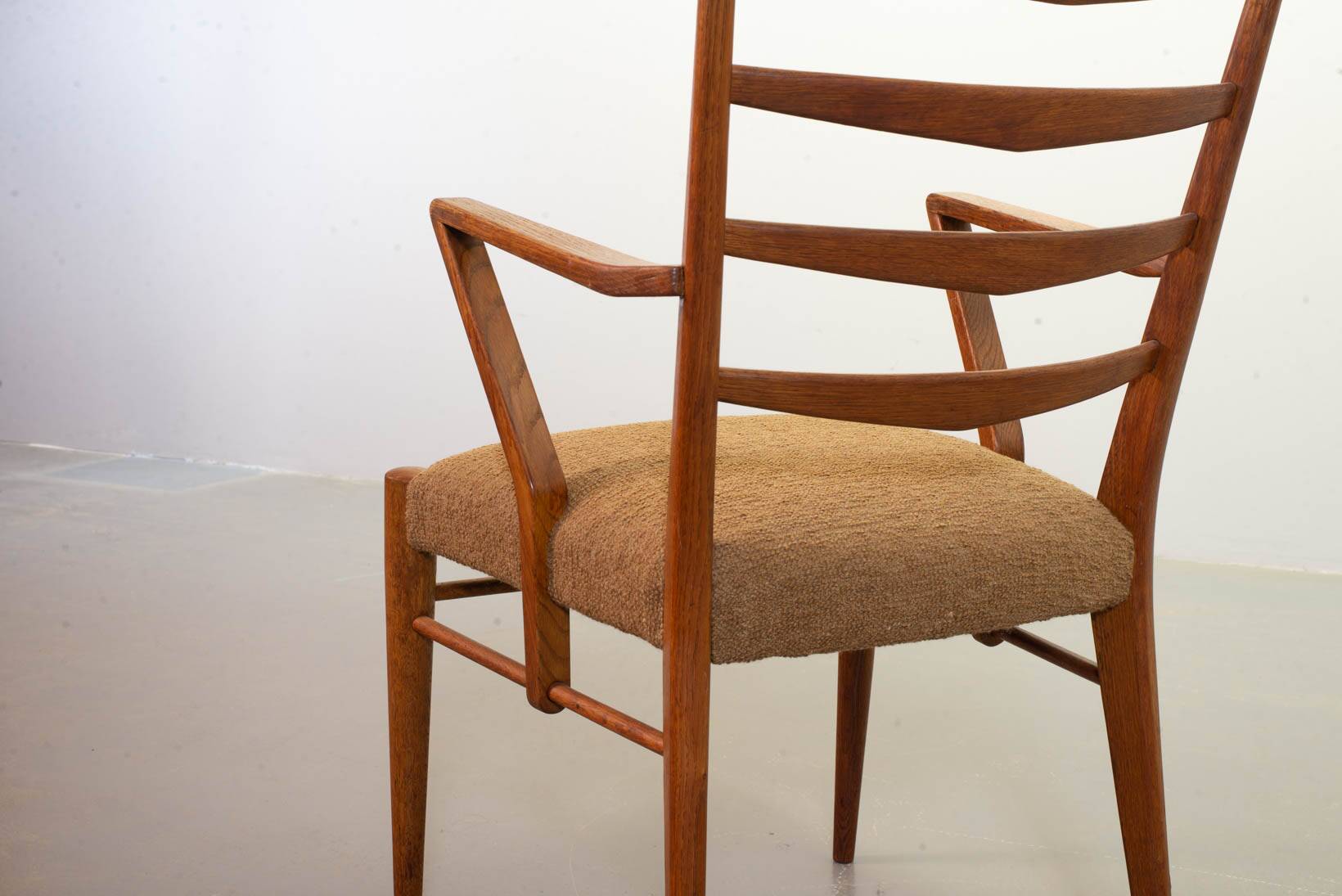 Cees Braakman Dutch Design Wooden Ladder Arm Chairs & Caramel Bouclé Fabric