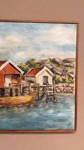 Mid-Century Oil on Canvas “houses with Boat” by Unknown, Vintage & Framed