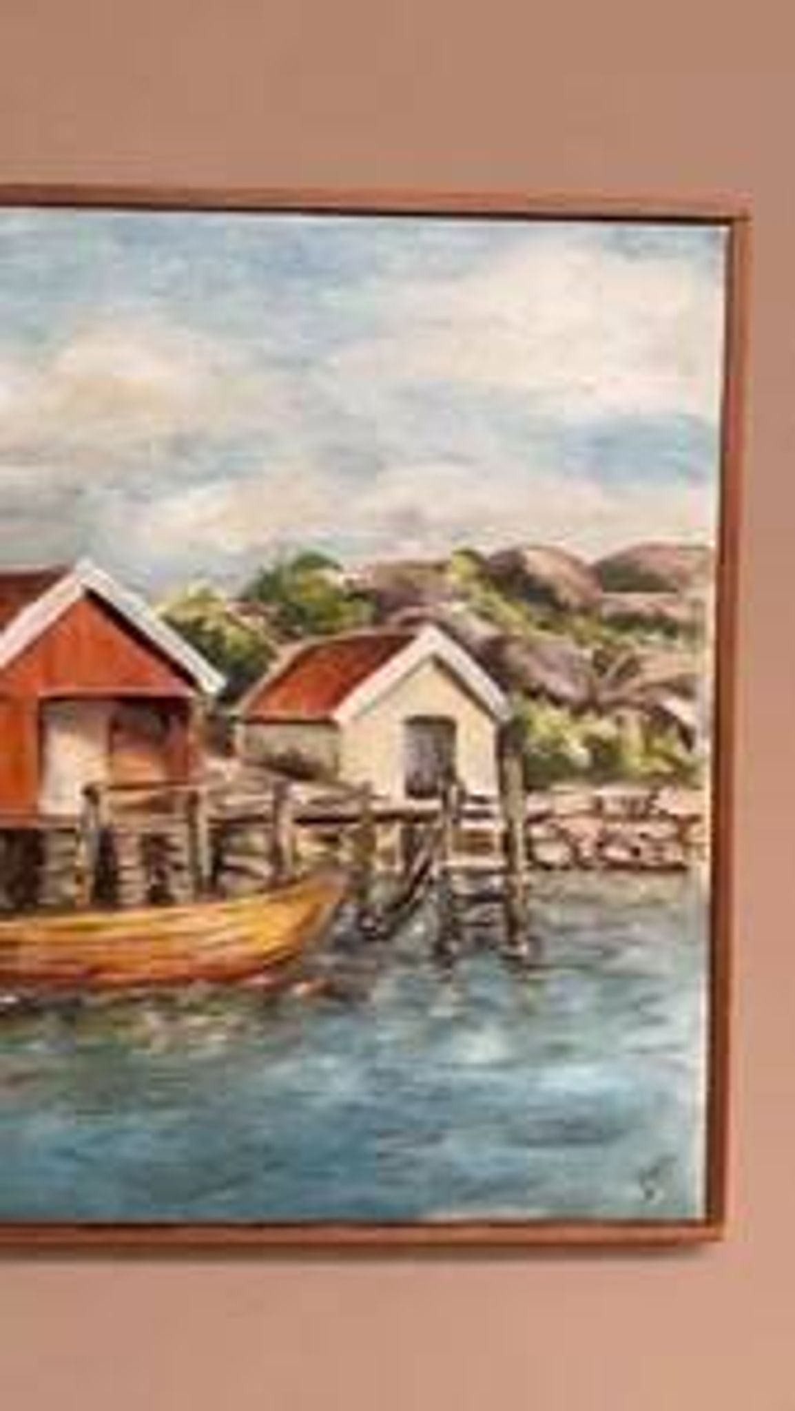 Mid-Century Oil on Canvas “houses with Boat” by Unknown, Vintage & Framed