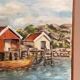 Mid-Century Oil on Canvas “houses with Boat” by Unknown, Vintage & Framed