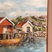 Mid-Century Oil on Canvas “houses with Boat” by Unknown, Vintage & Framed