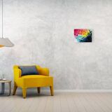 Acrylic painting on canvas in blue, pink, and yellow.