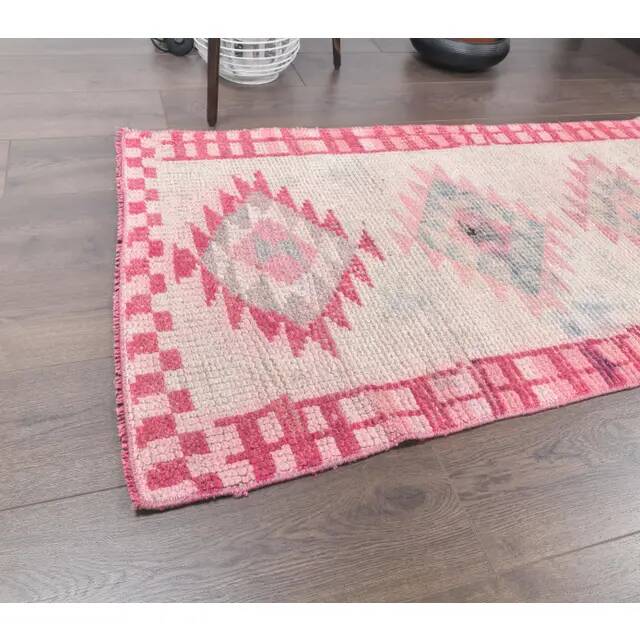 Pink Vintage Turkish Hand-Knotted Tribal Runner 74x391