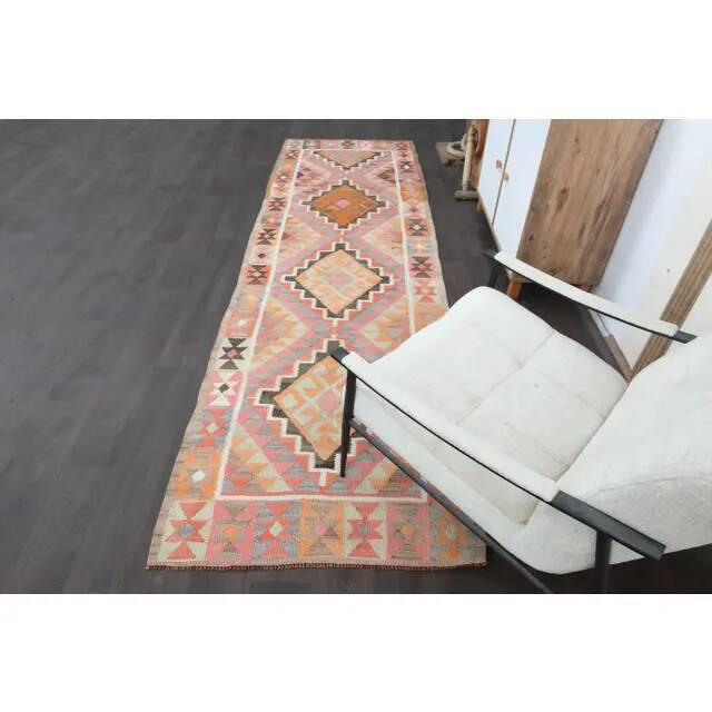 1970s Turkish Oushak Handmade Wool Cotton Pink Runner Rug 98x327