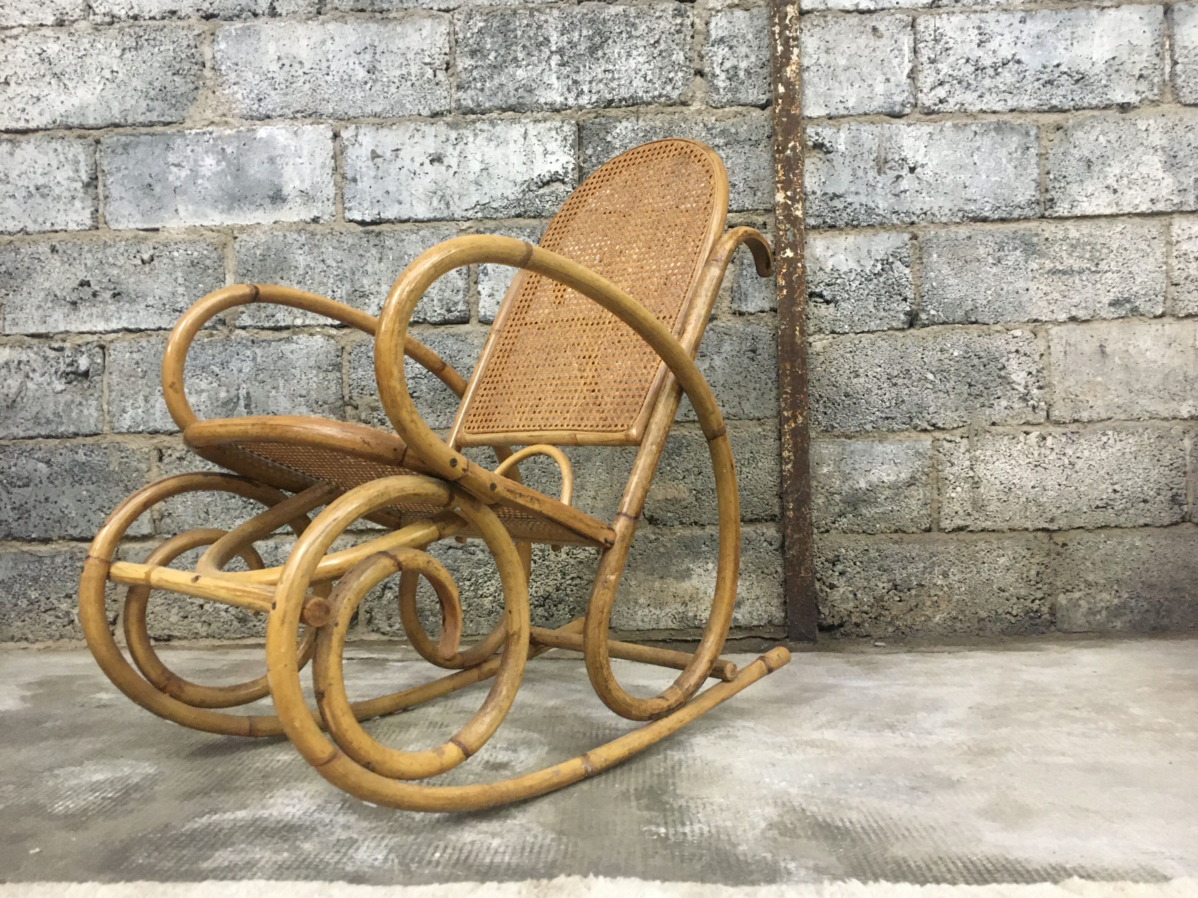 Rocking-chair in bamboo rattan and vintage wicker 1950