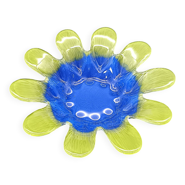 Vide-poche / Coupe fleur vintage en verre pressé bleu & vert anis