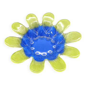 Vide-poche / Coupe fleur vintage en verre pressé bleu & vert anis