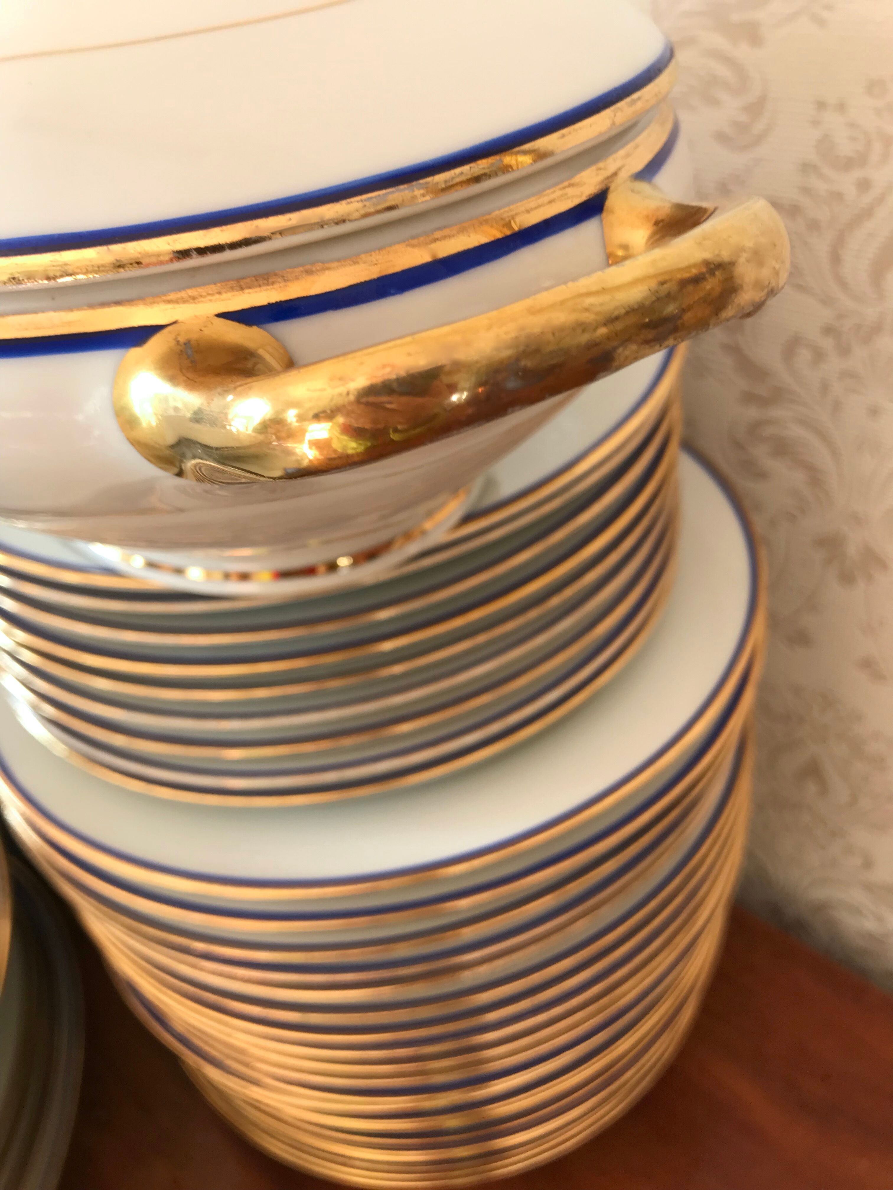table service art deco limoges porcelain white border blue and gold 61 pieces signed