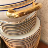 table service art deco limoges porcelain white border blue and gold 61 pieces signed
