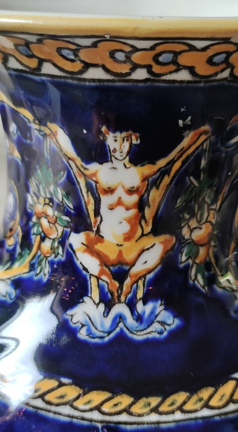 Twisted design vase. Signed Gien France/Renaissance blue background 26 x 13cm