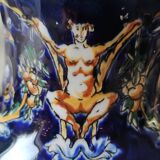 Twisted design vase. Signed Gien France/Renaissance blue background 26 x 13cm