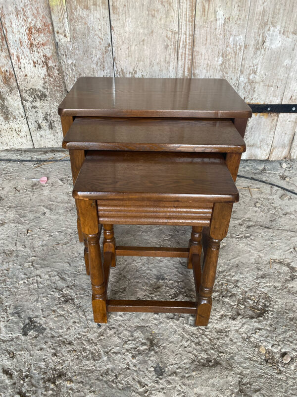 Série De 3 Tables Gigognes Anciennes Bois Tourné Vintage #D937