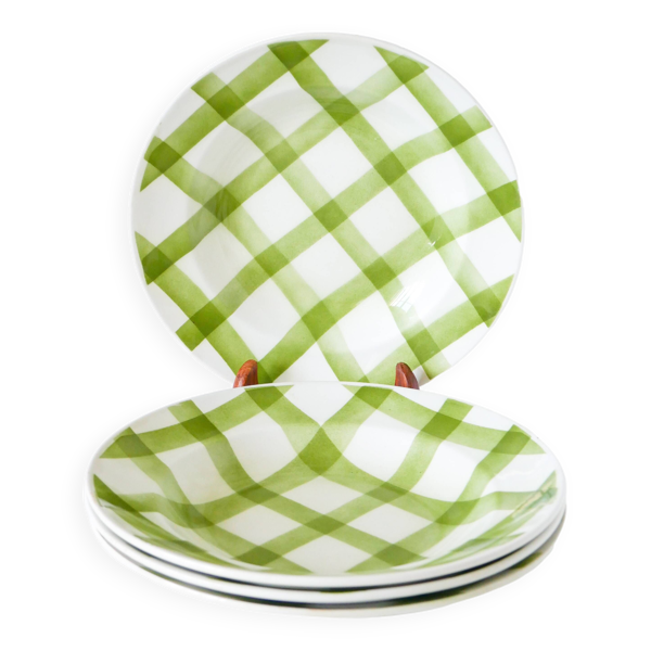 Lot de 4 assiettes creuses Moulin des Loups, modèle Ecossais, carreaux verts, 1950