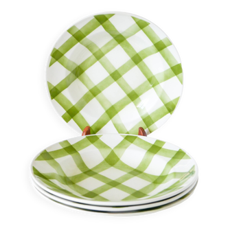 Lot de 4 assiettes creuses Moulin des Loups, modèle Ecossais, carreaux verts, 1950