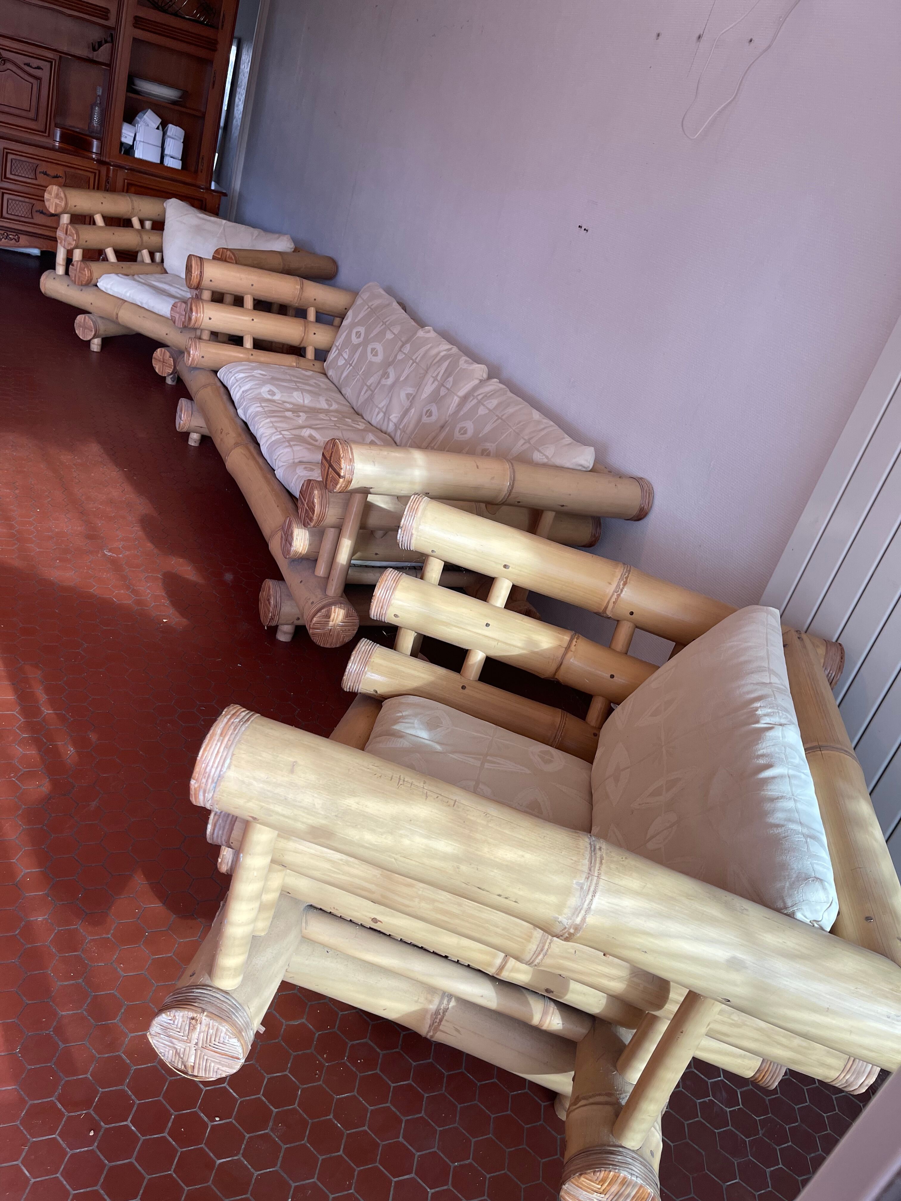 Set Sofa and 2 armchairs in large bamboo with cushions