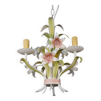 Lustre florentin à trois bras en tôle peinte à la main, décor floral, années 1980, France