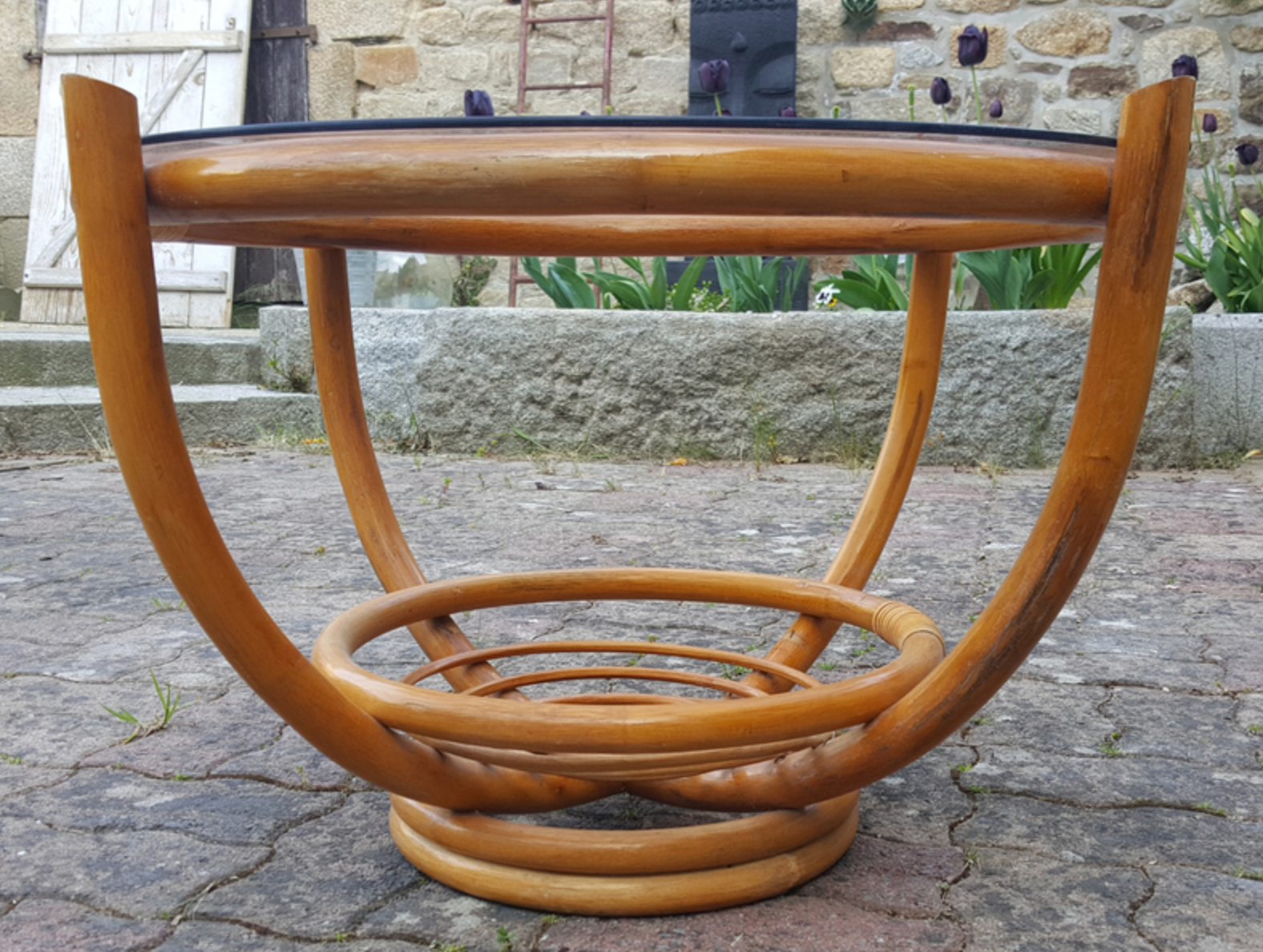 Round table bamboo, rattan, smoked glass, vintage, years 60