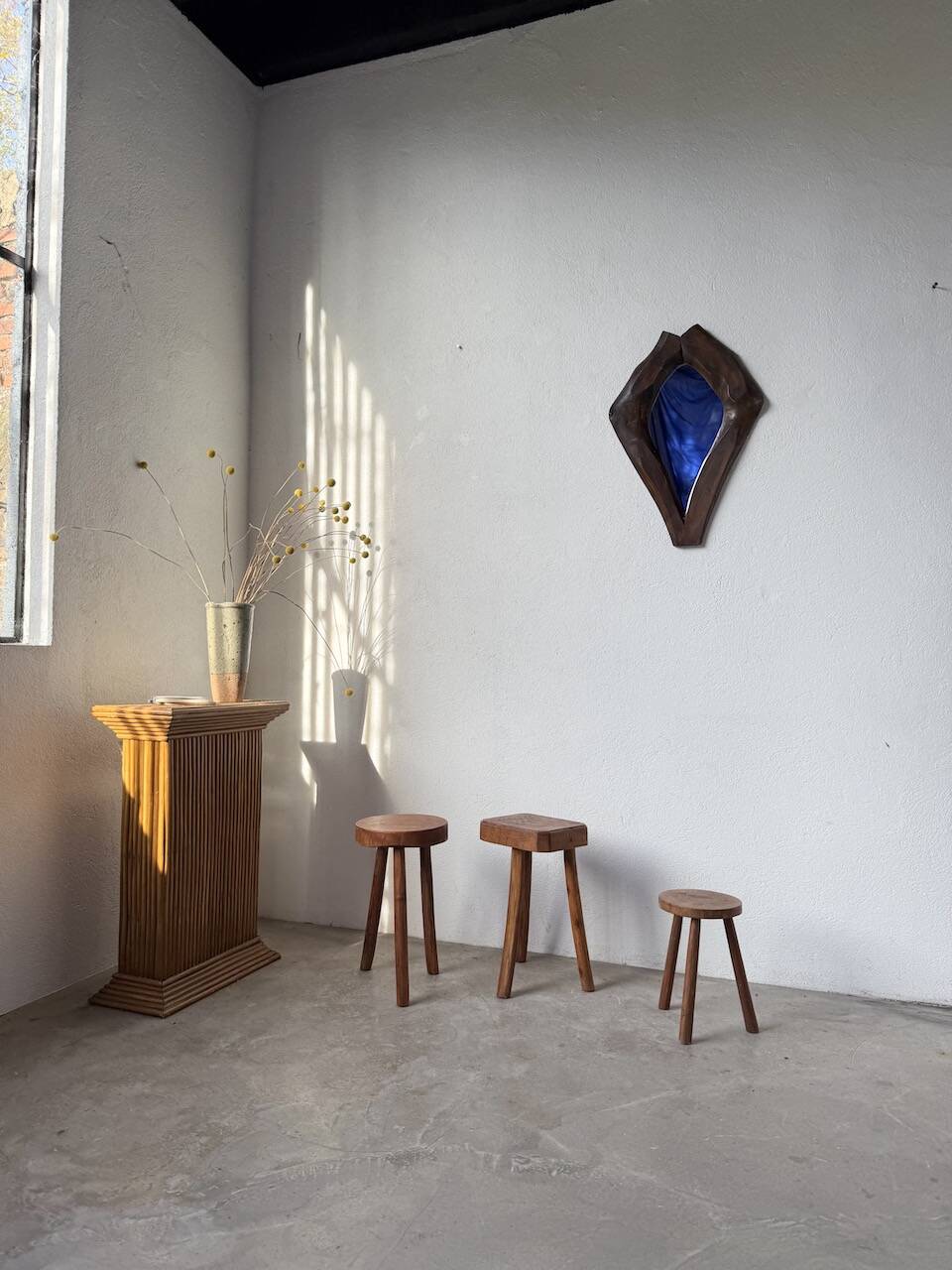 3 free-form oak tripod stools