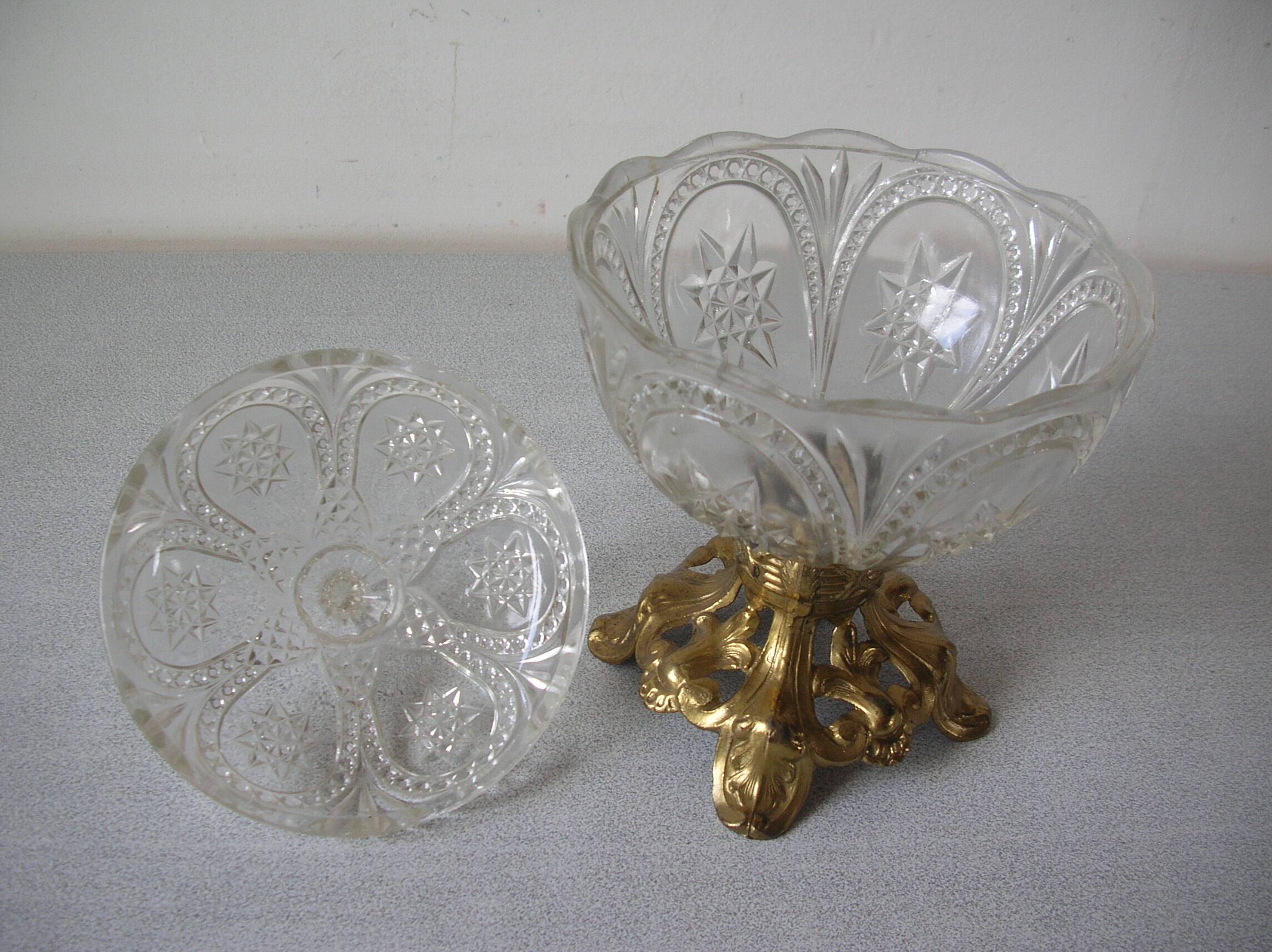 Old candy box sugar bowl molded glass pot on brass base decorative centerpiece