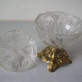 Old candy box sugar bowl molded glass pot on brass base decorative centerpiece