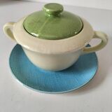 Two sugar bowls and a textured plate in turquoise and green Salins earthenware.