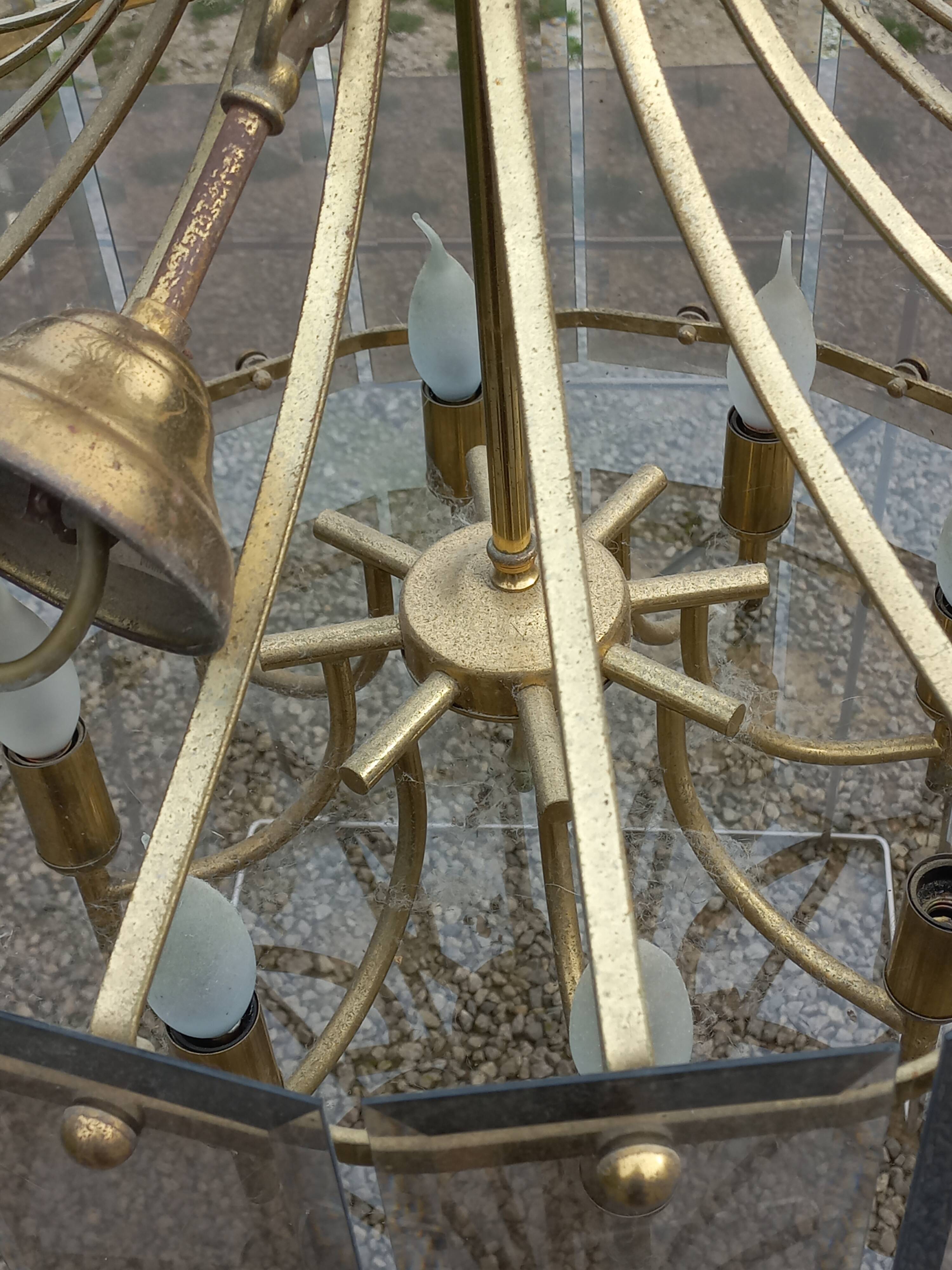 70s designer chandelier with smoked glass plates and gold metal frame