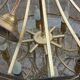 70s designer chandelier with smoked glass plates and gold metal frame