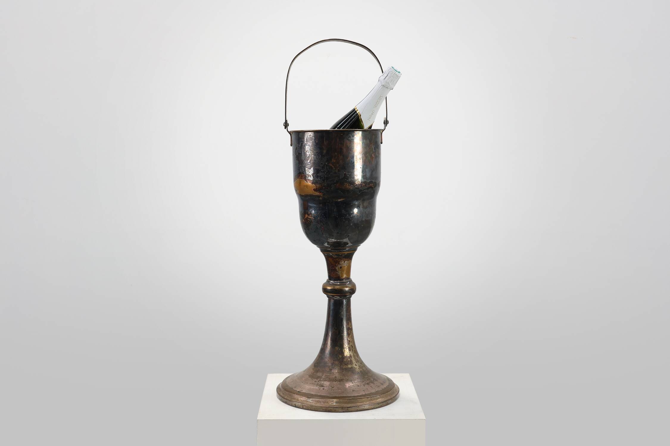 Art Deco silvered copper Champagne bucket on stand, France 1910