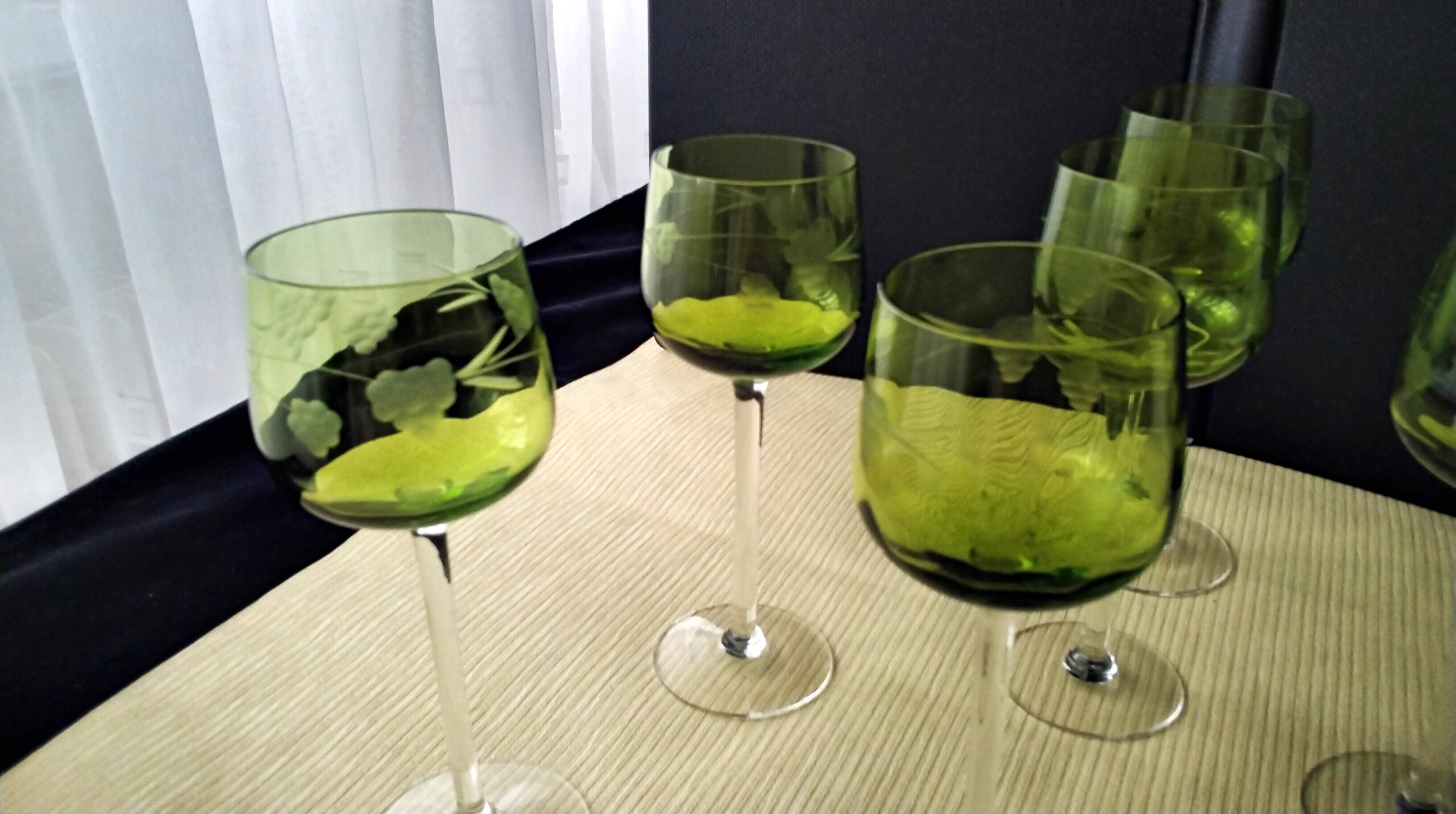 6 Antique Alsace White Wine Glasses with Engraved Decor